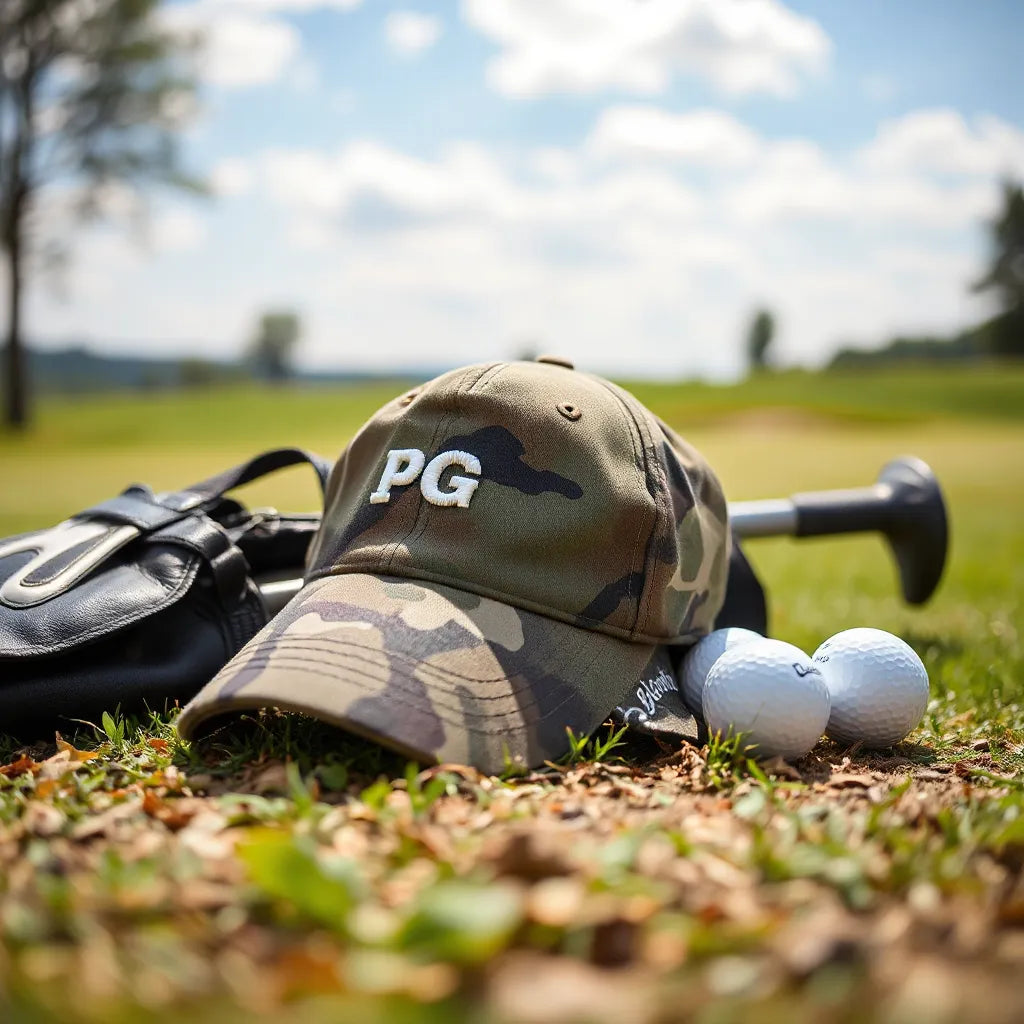 Camo golf hat resting on a golf bag with glove and golf balls nearby