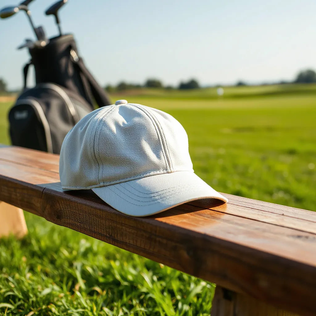Golf hat resting near a golf bag on a sunny course bench with blurred green fairway behind