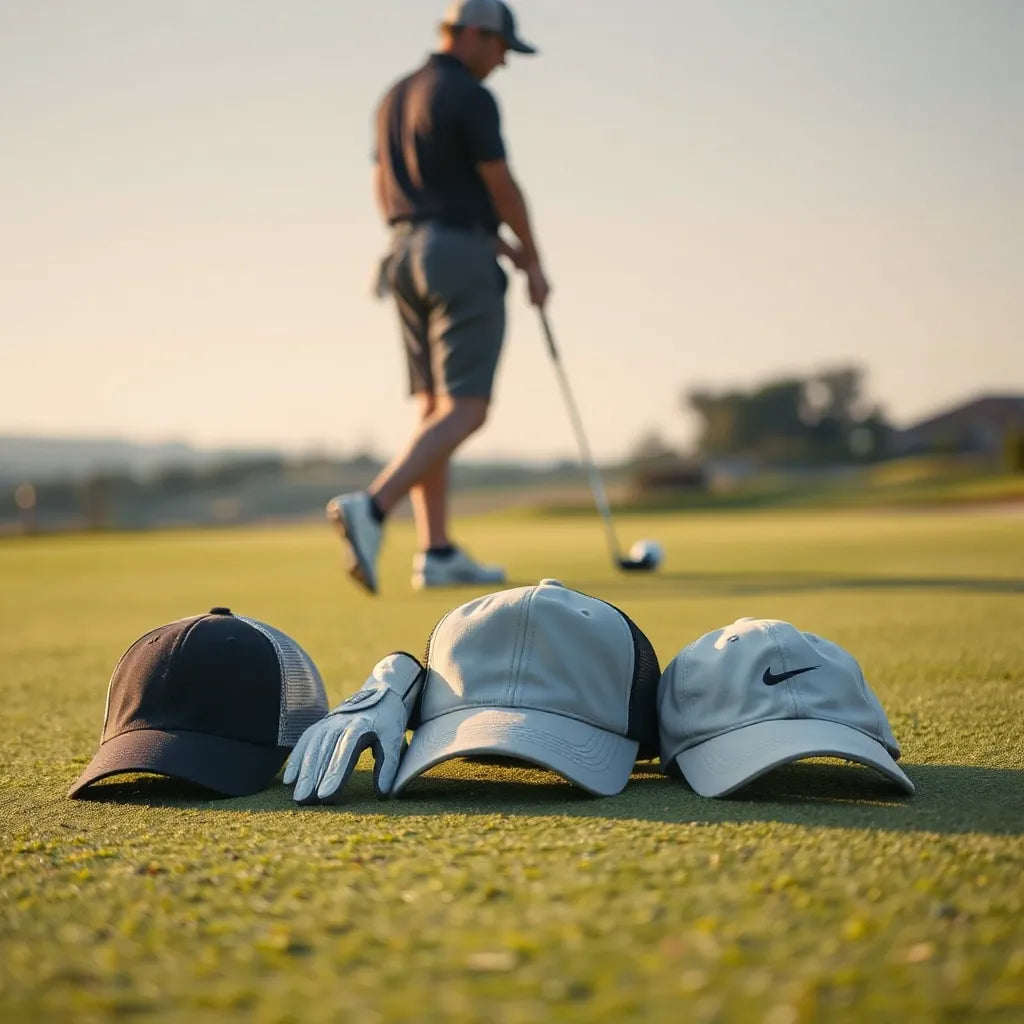 Course-ready golf hats arranged on a putting green with a glove and divot tool nearby