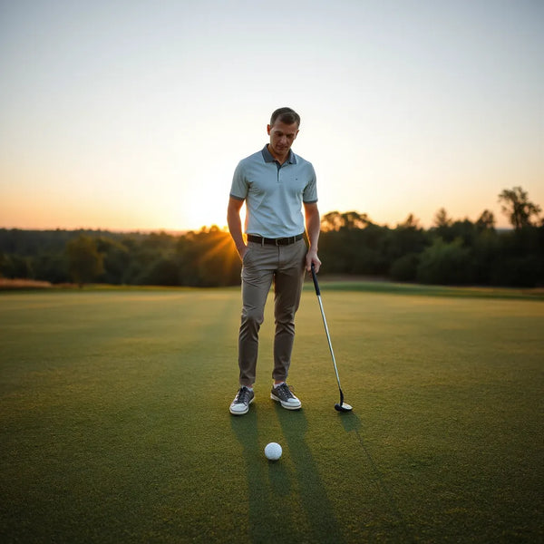 Stylish golfer outfit on a fairway with golf ball and green in the background