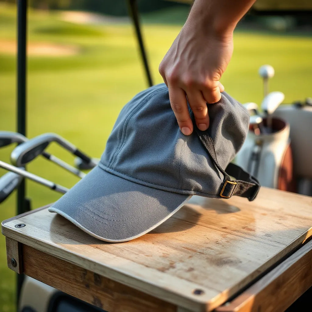 Adjustable golf cap with visible back strap resting near a golf bag on a sunny course