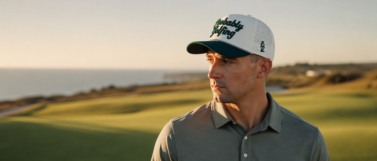 Looking into distance on a golf course with Probably Golfing hat.