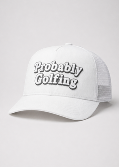 White cap with 'Probably Golfing' text on a light gray background