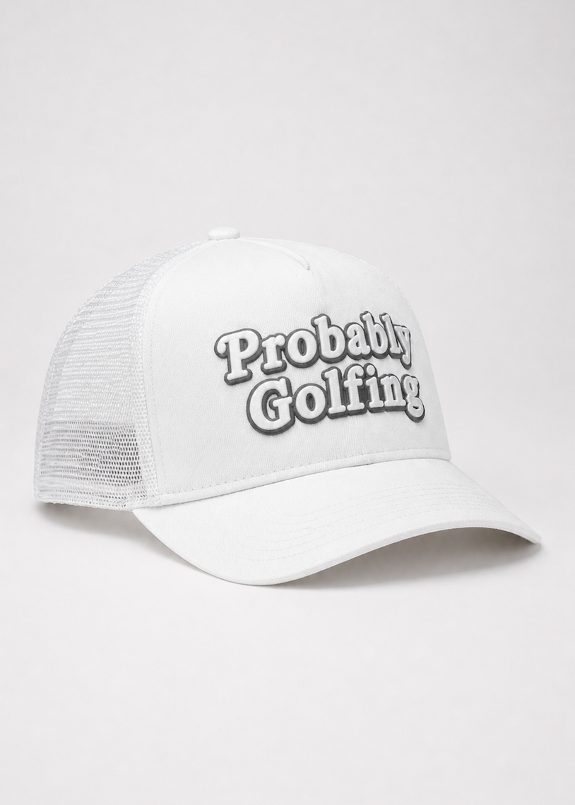 White cap with 'Probably Golfing' text on a white background
