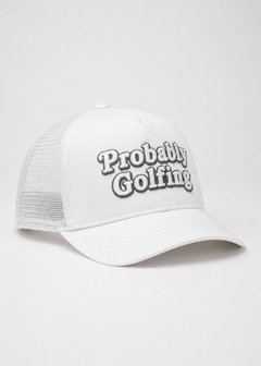 White cap with 'Probably Golfing' text on a white background