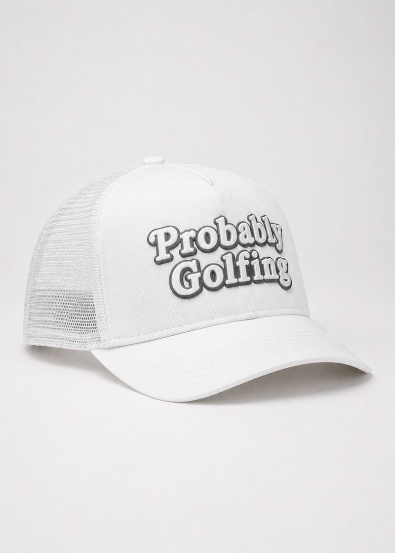 White cap with 'Probably Golfing' text on a white background